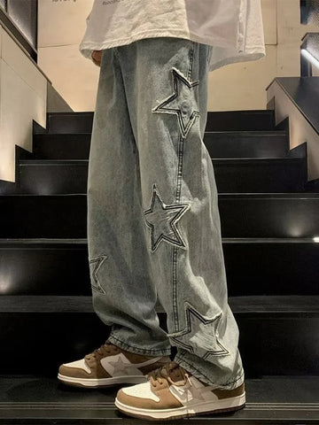 Aidase Y2K Star Embroidery Casual Men Jeans Gothic Neutral Wide Leg Denim Trousers Male Loose Hip-hop Fashion Youth Streetwear